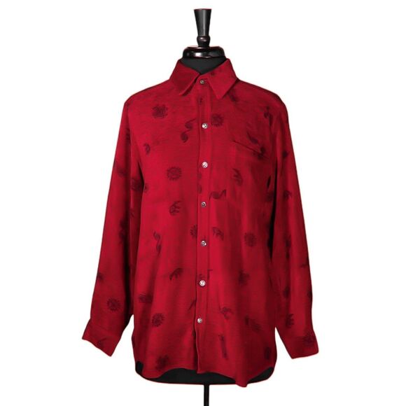 Chico's Women's Shirt Button Up Red Black Velvet Tribal Ethnic Blouse Top 1 M/8 - Picture 1 of 10